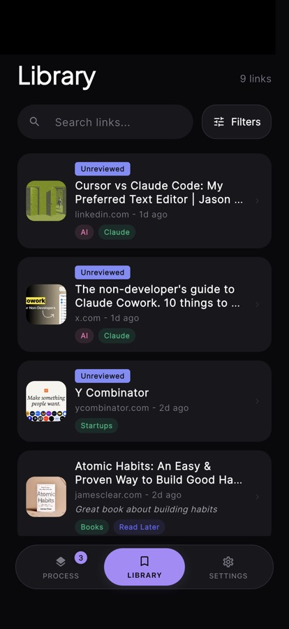 Linkty saved links library screen
